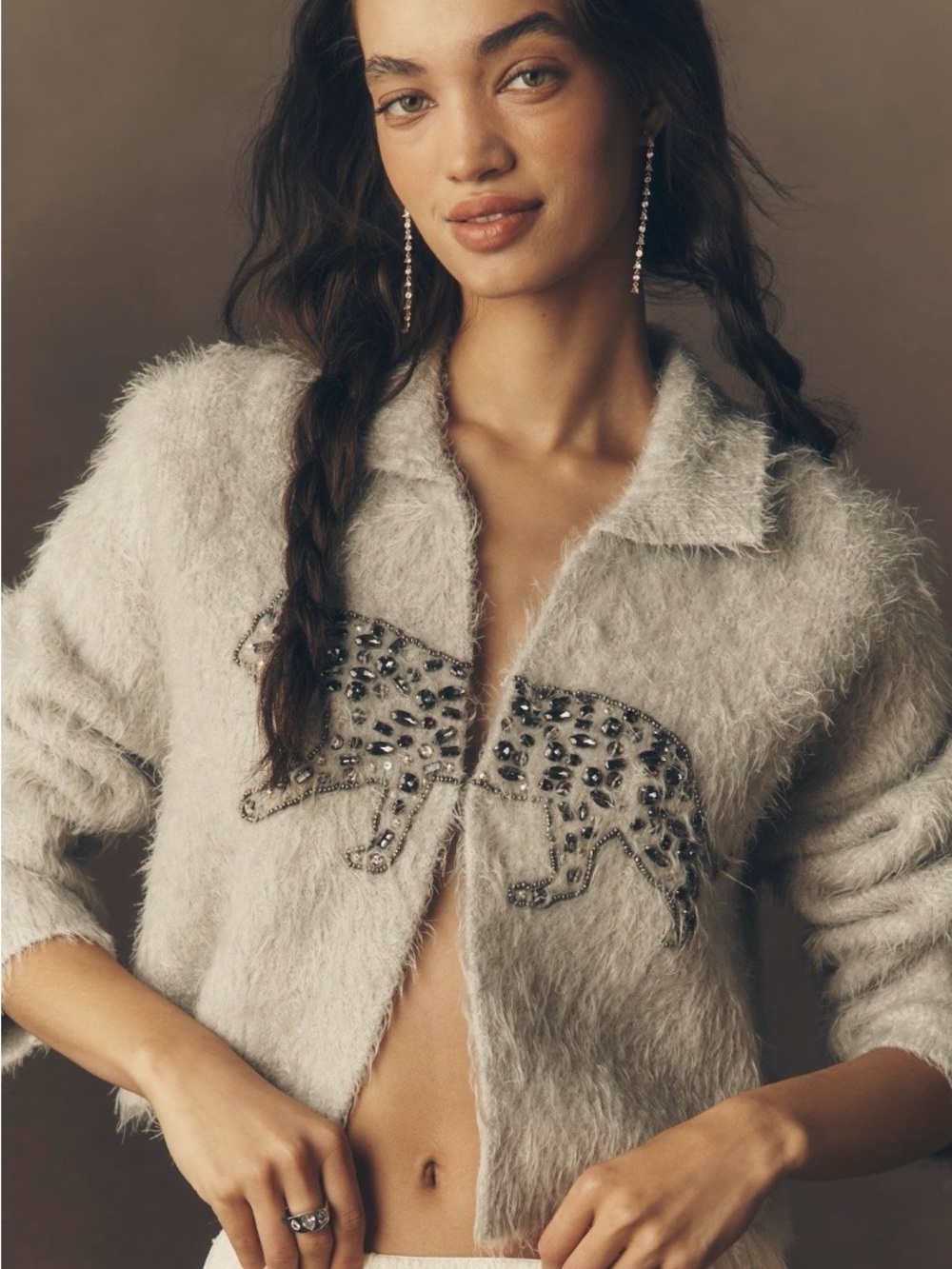 Anthropologie Embellished Fuzzy Cardigan Jacket in Light Gray